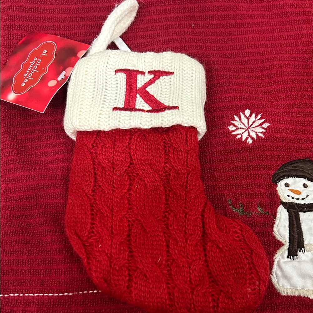 Red and White Knit Christmas Stocking letter K